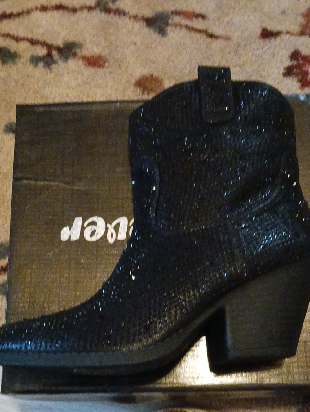 Forever River-01 Black Rhinestone Encrusted Cowboy Ankle Bootie Sz 10